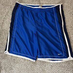 Nike Swim Shorts Mens Large Blue White Swoosh Athletic Trunks Quick Dry Lined
